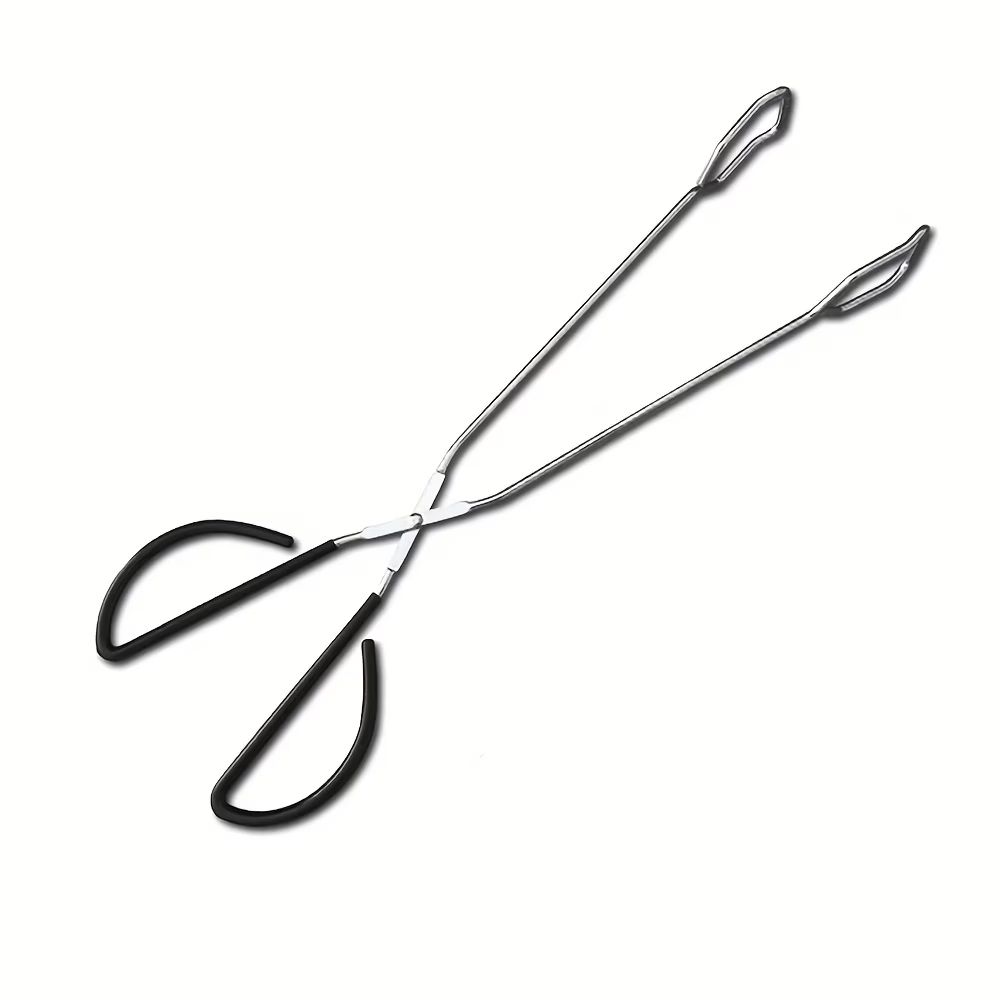 Long, sturdy, and heat-resistant charcoal tongs for grilling food. Made of stainless steel, these portable tongs are suitable for outdoor grilling, charcoal, and fire pits.