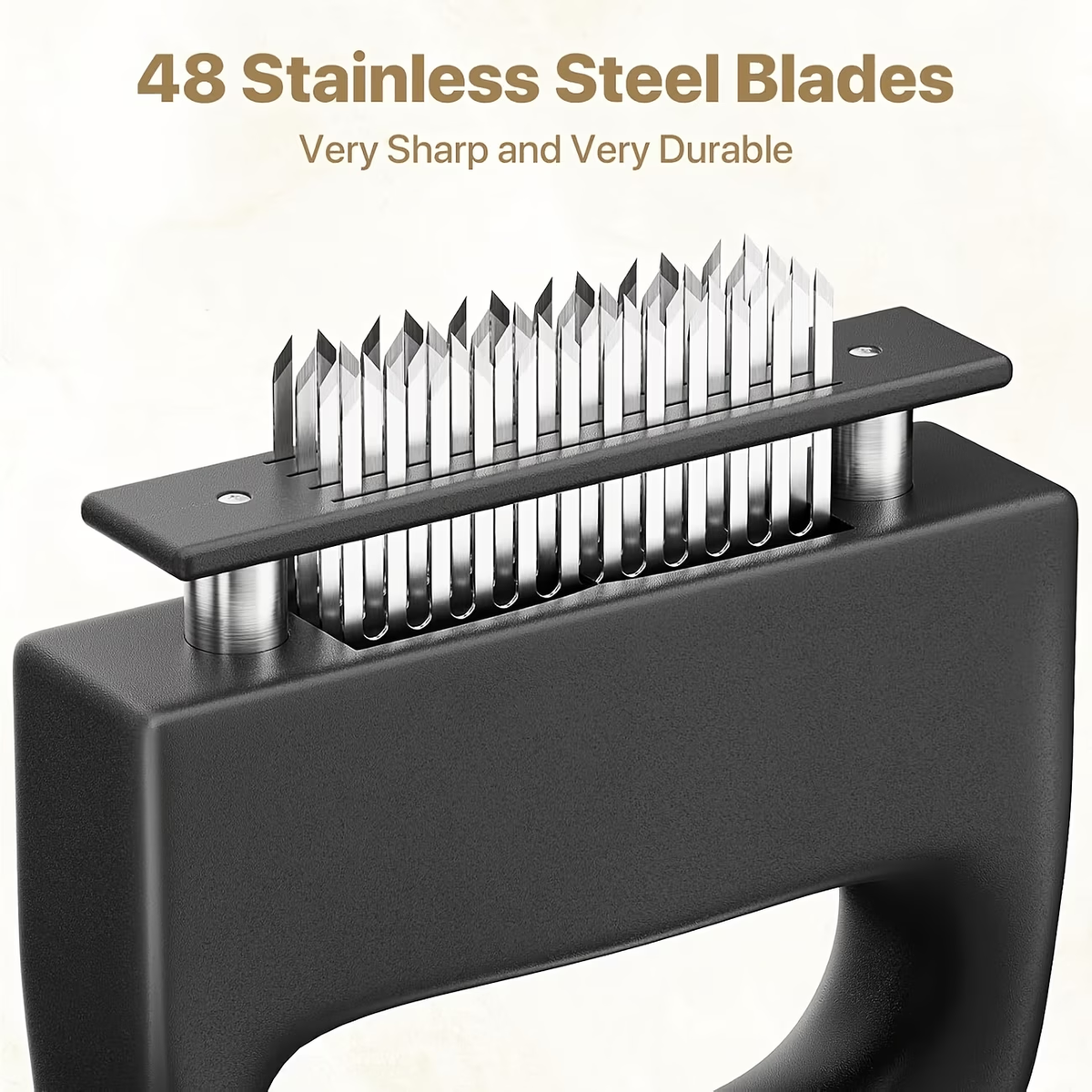 Heavy-duty meat tenderizer with 48 stainless steel needles and a locking mechanism – suitable for tenderizing steaks, beef, pork, turkey, fish, and poultry. Can be used with marinades. The black ABS handle is designed for professional kitchens.
