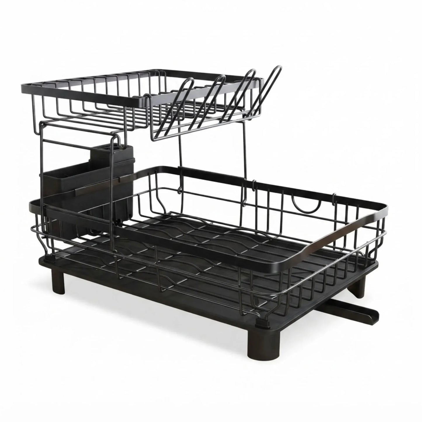 CARLA HOME 2 tier Dish Drying Rack with Drainboard & Utensil Holder for Kitchen (Black)