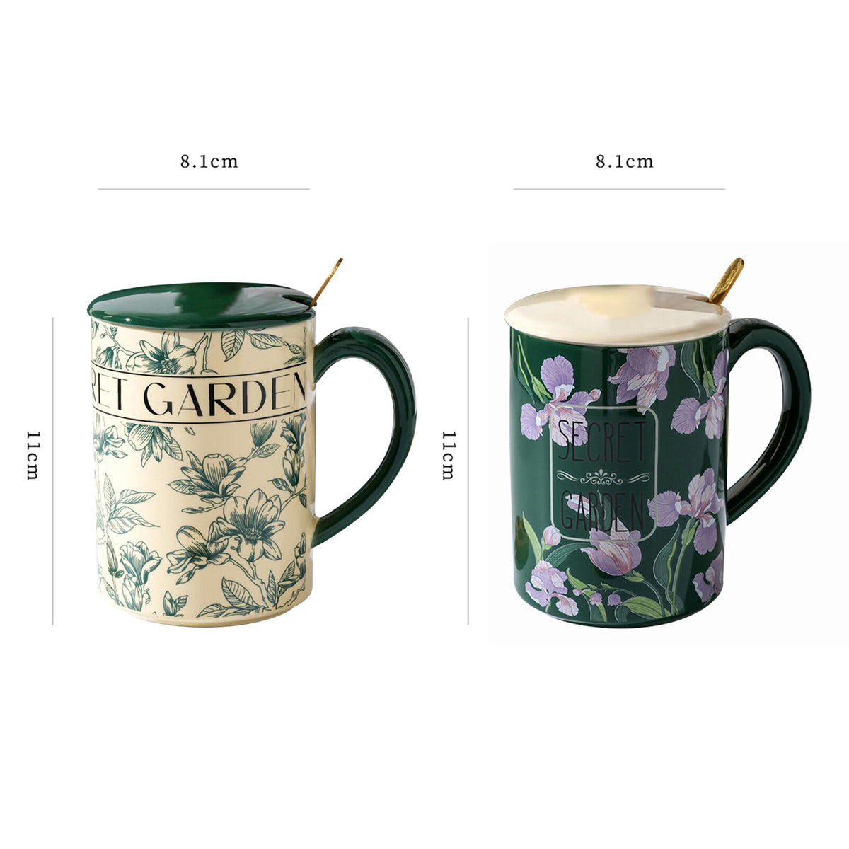 2X High-Fired Ceramic Porcelain Mug Set with Lid 400ml Vintage Floral Tea Spoon GREEN