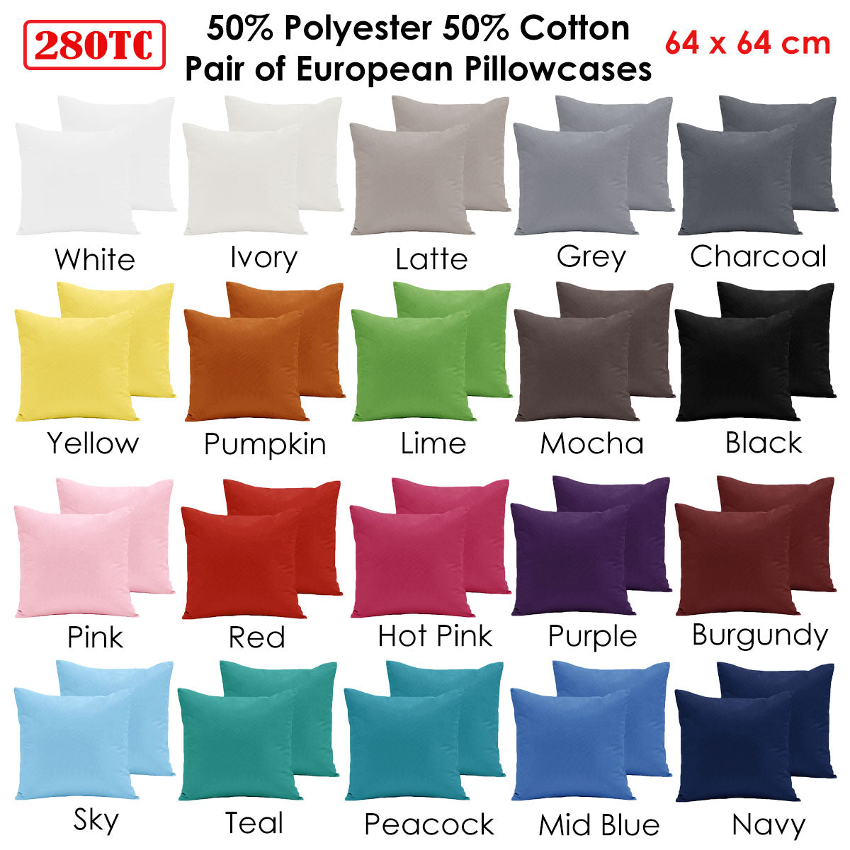 Pair of 280TC Polyester Cotton European Pillowcases Ivory