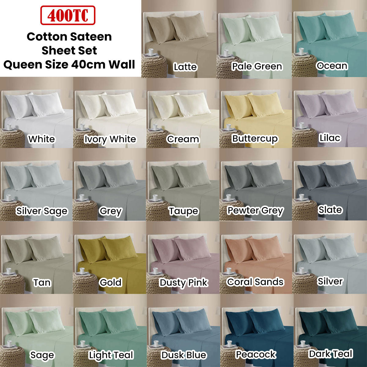 400TC 100% Cotton Sateen Premium Sheet Set 40cm Wall Grey Queen