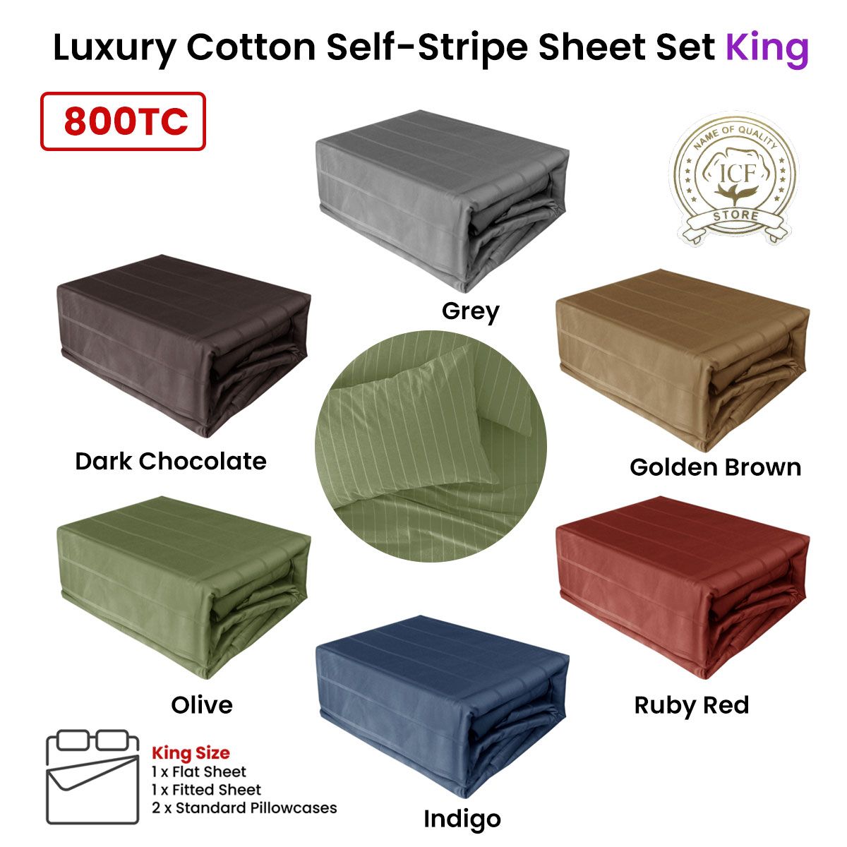 Indigo 800TC Luxury Cotton Self-Stripe Sheet Set King 40 cm Wall King
