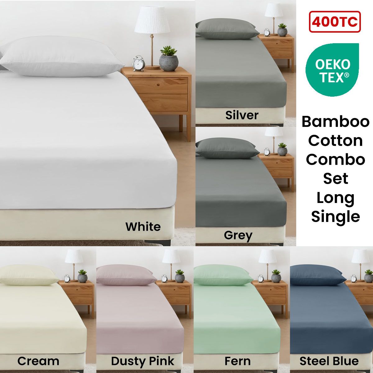 400TC Bamboo Cotton Fitted Sheet with Pillowcase Set Long Single Size 40cm Wall Grey