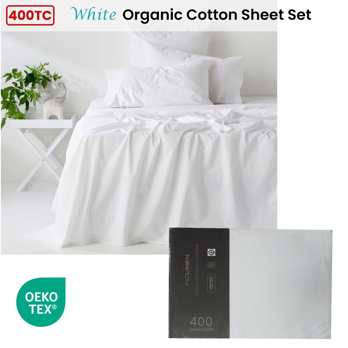 400TC Organic Cotton Premium White Sheet Set Long-Staple Commercial-Grade Durability Double