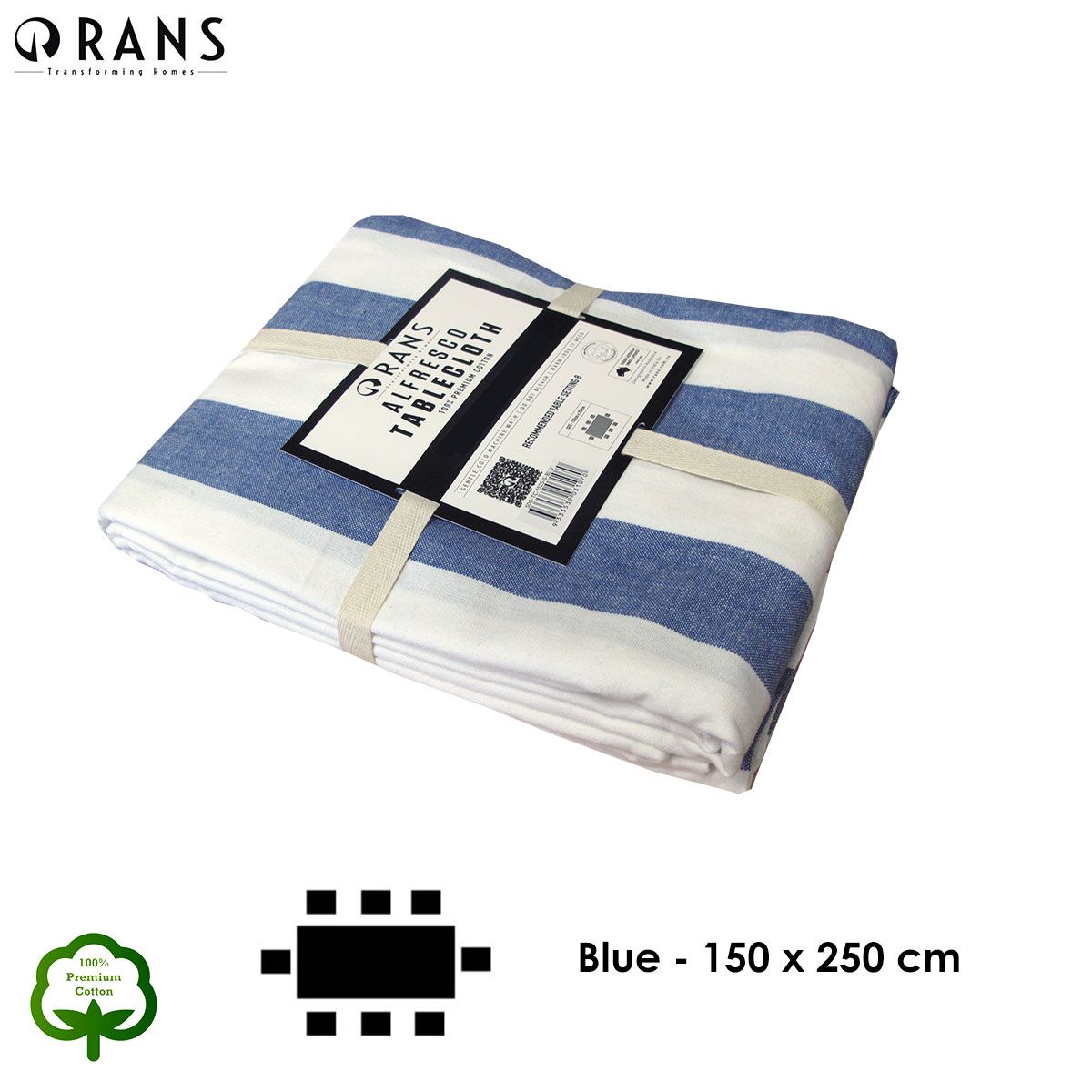 Rans Blue Alfresco Stripes Cotton Tablecloth - Choose from 2 sizes 150cm x 250cm