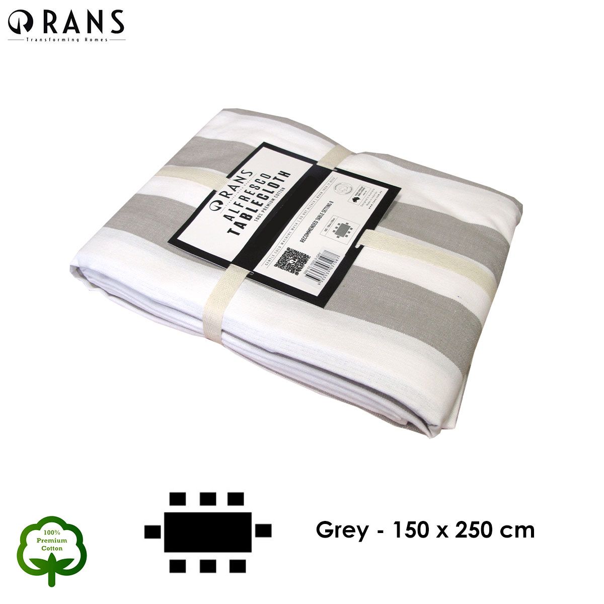 Rans Grey Alfresco Stripes Cotton Tablecloth - Choose from 2 sizes 150cm x 250cm