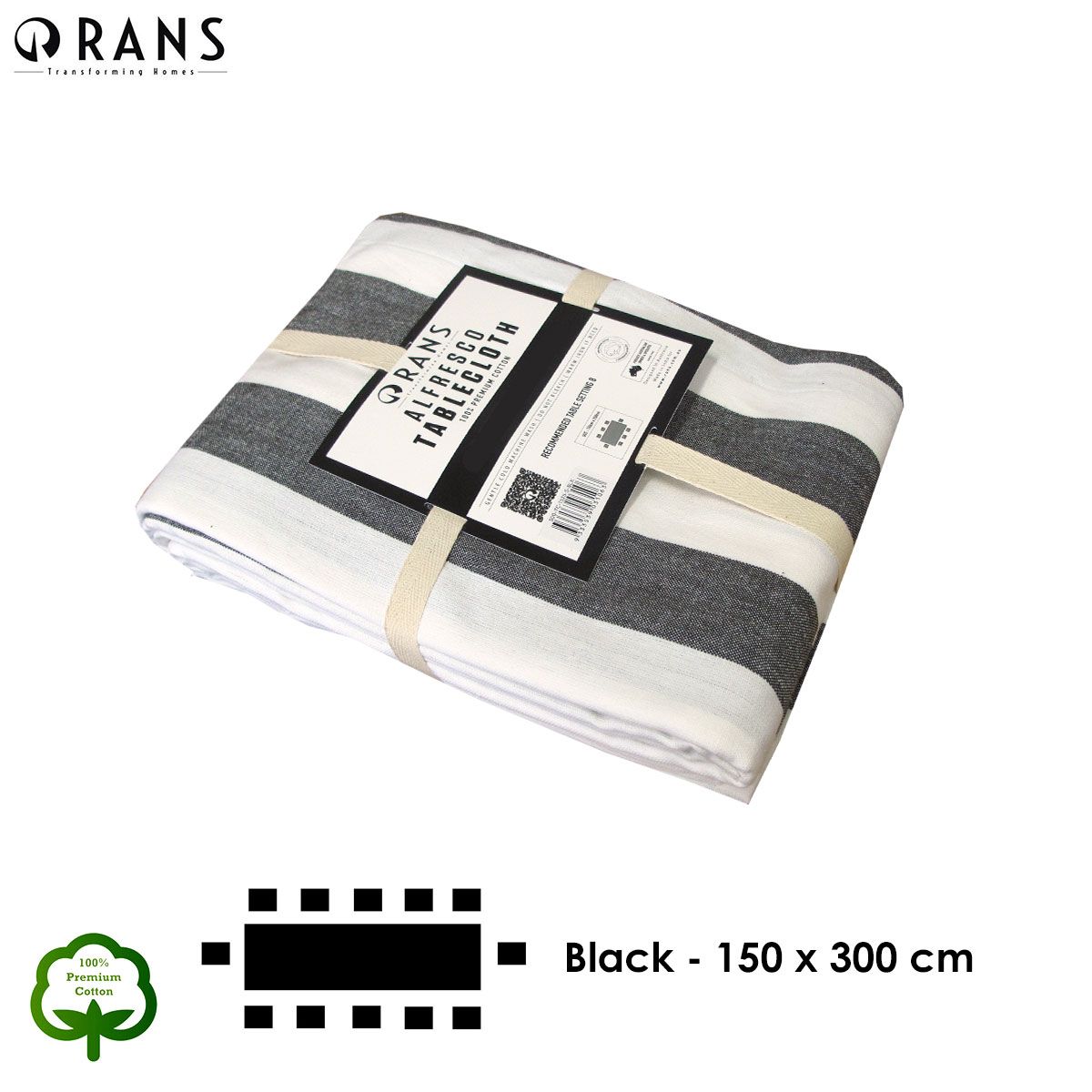 Rans Black Alfresco Stripes Cotton Tablecloth - Choose from 2 sizes 150cm x 300cm