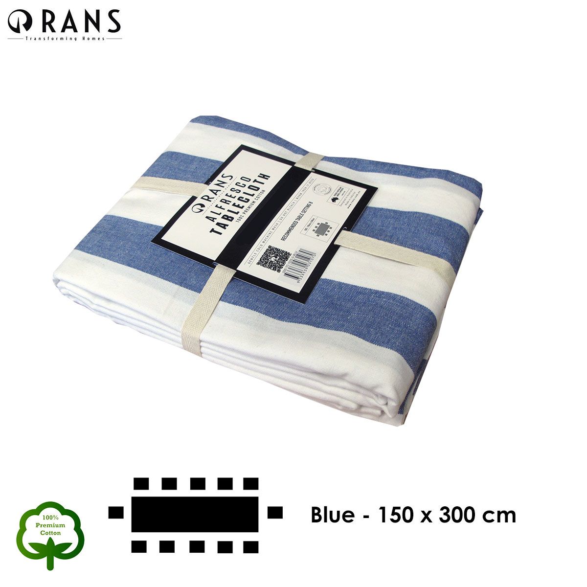Rans Blue Alfresco Stripes Cotton Tablecloth - Choose from 2 sizes 150cm x 300cm