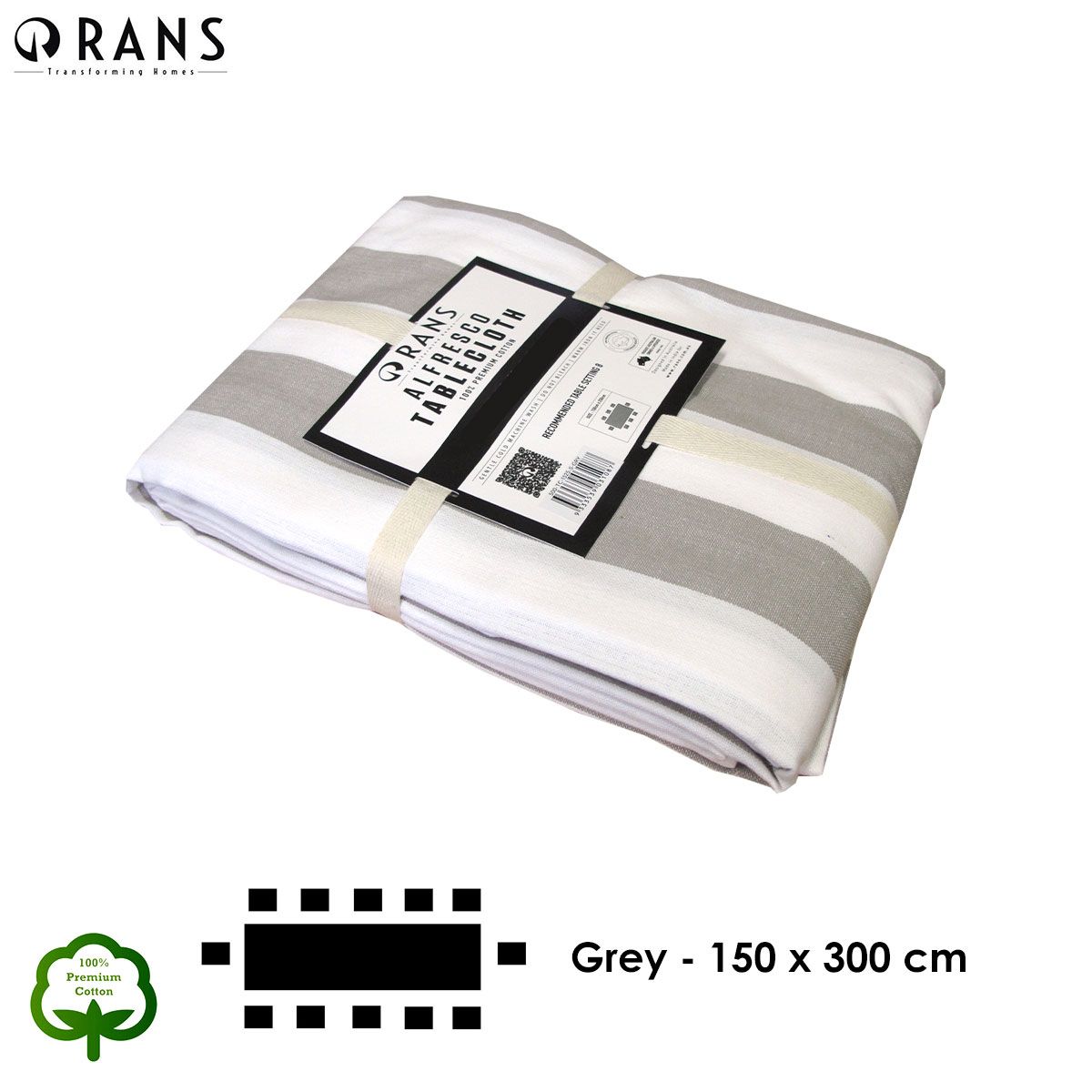 Rans Grey Alfresco Stripes Cotton Tablecloth - Choose from 2 sizes 150cm x 300cm