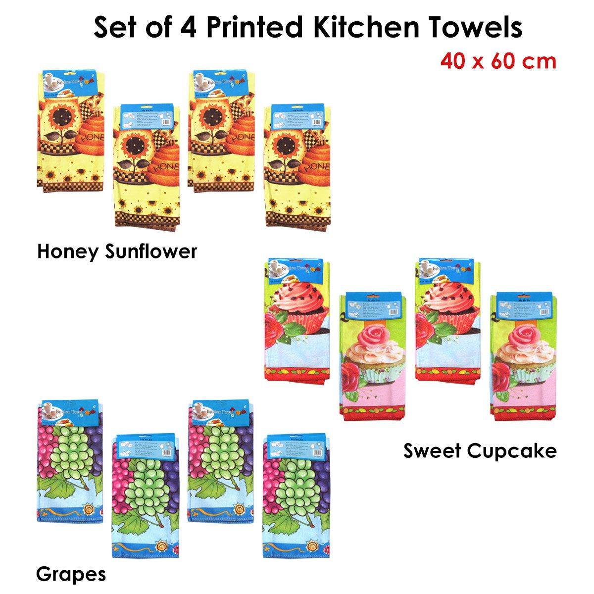 Set of 4 Microfibre Printed Kithen Towels 40 x 60 cm Honey Sunflowers