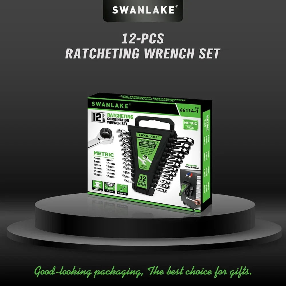 SWANLAKE 12Pcs Metric Ratcheting Spanner Set 6-18mm CR-V Steel 72-Tooth Holder