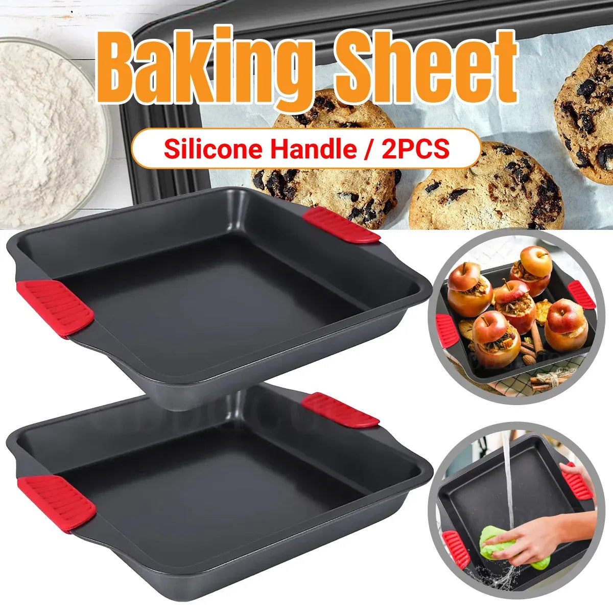 2 PCS Baking Tray with Silicone Handle Non-Stick Roasting Pan Safe Easy Clean