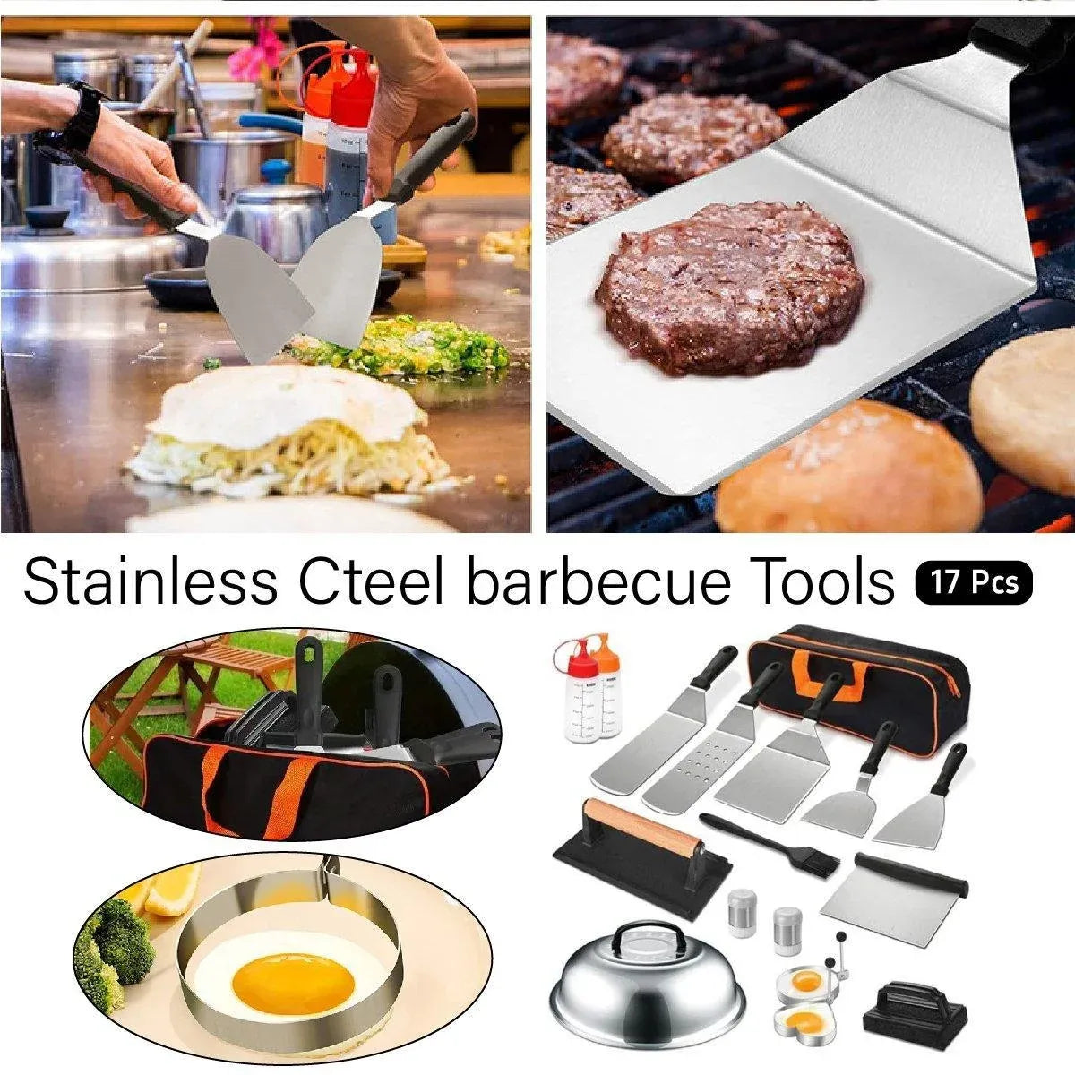 17 Piece BBQ Grill Tools Set Outdoor Barbecue Spatula Shovel Stainless Steel Kit