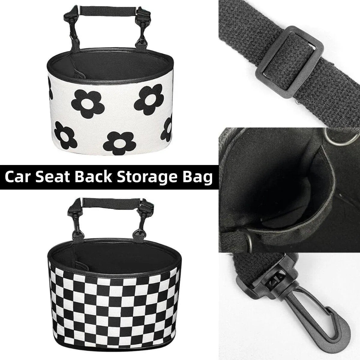 Hanging Backseat Storage Organiser Box for Car Rubbish and Essentials - Black and white