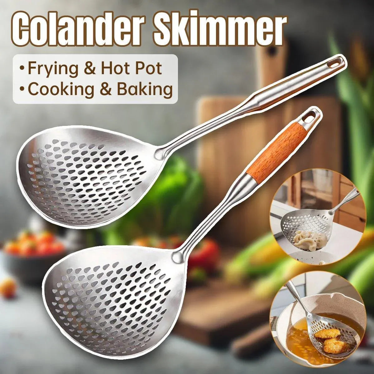 304 Stainless Steel Kitchen Colander Long Handle Noodle Dumpling Strainer Spoon - Yellow wood