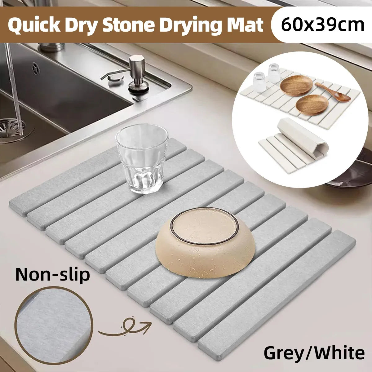 Kitchen Absorbent Diatom Mud Drying Pad Foldable Plate Draining Pad Non Slip - Grey