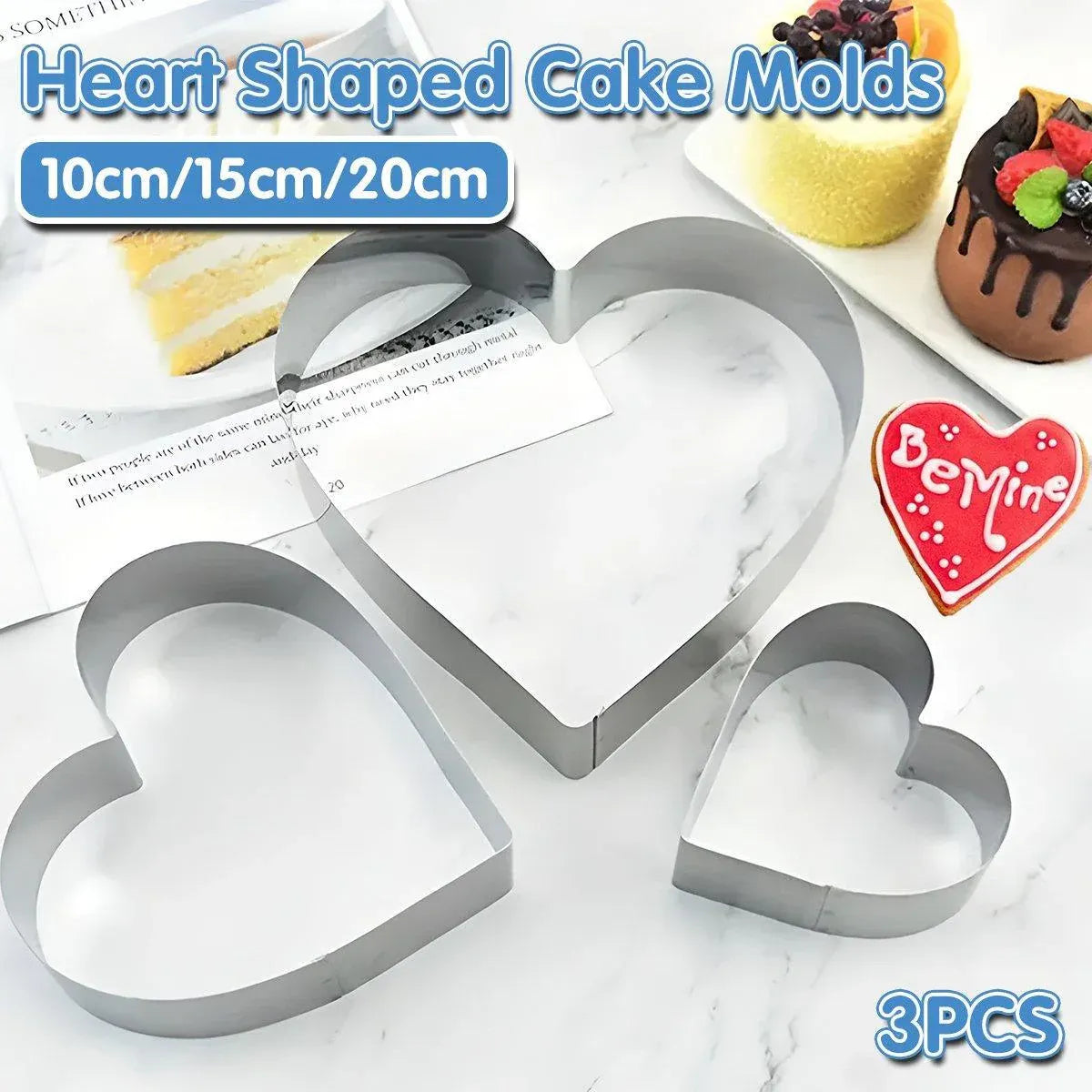 3X Stainless Steel Cake Mold 10/15/20cm Heart Baking Cake Ring For Mousse Party