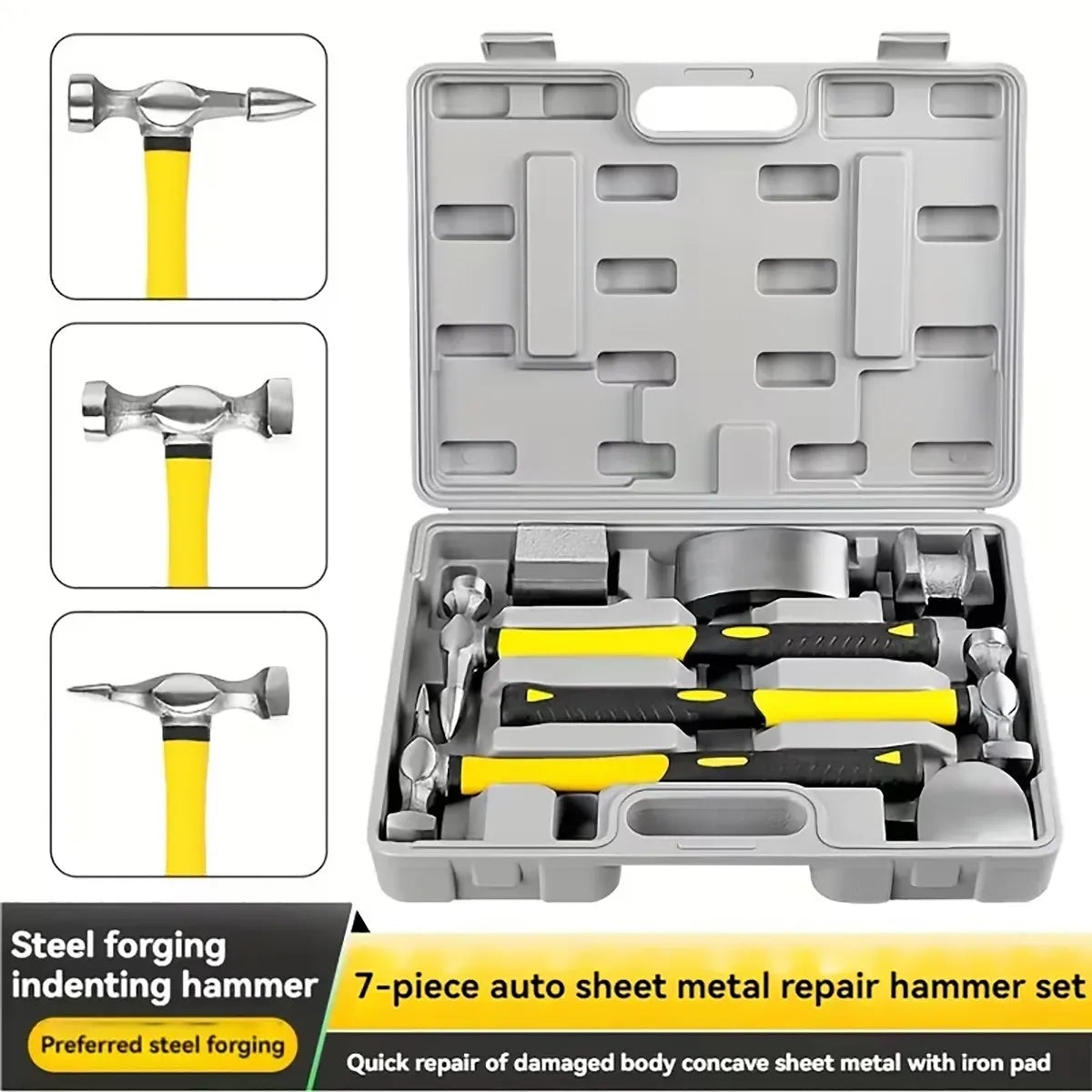 7PCS Automotive Body Repair Hammer Kit Handle Chisel Mallet Dent Remove Tool