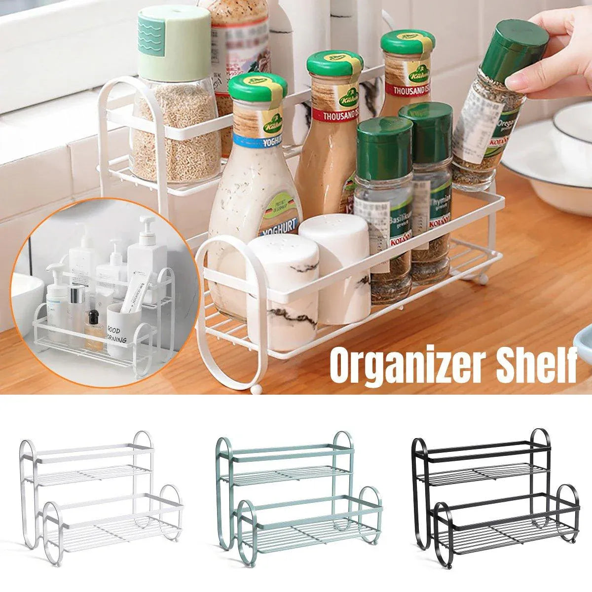 Iron Double Storage Shelf Organiser Durable Metal Rack for Kitchen Bathroom Use - White