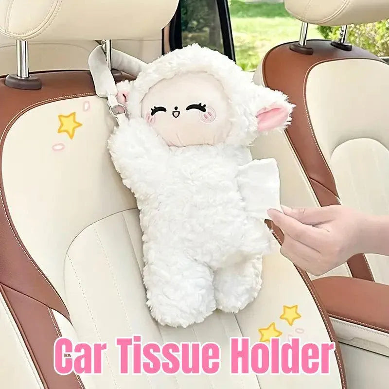Car Tissue Box Multifunctional Hanging Drawer Box Cartoon Plush Sheep Design