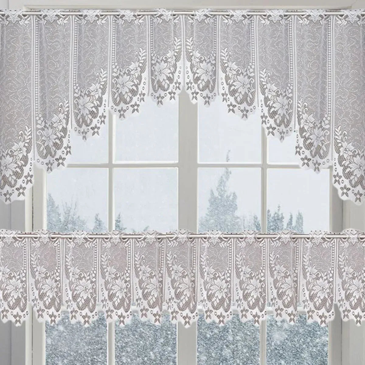 White Lace Window Curtain Short Tier Panel for Kitchen Bathroom - Morning glory