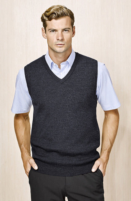 Mens Wool Blend V Neck Vest Sleeveless Double Knit - Charcoal - X-Small