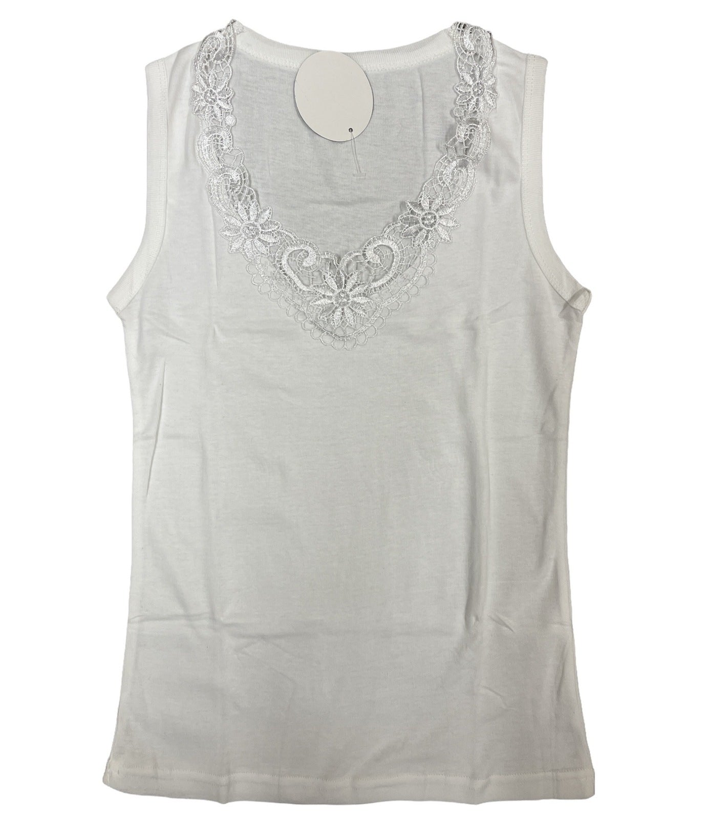 Ladies Sleeveless Singlet Top Womens Summer Basic Tank Shirt Lace Motif Front - Natural - 16-18