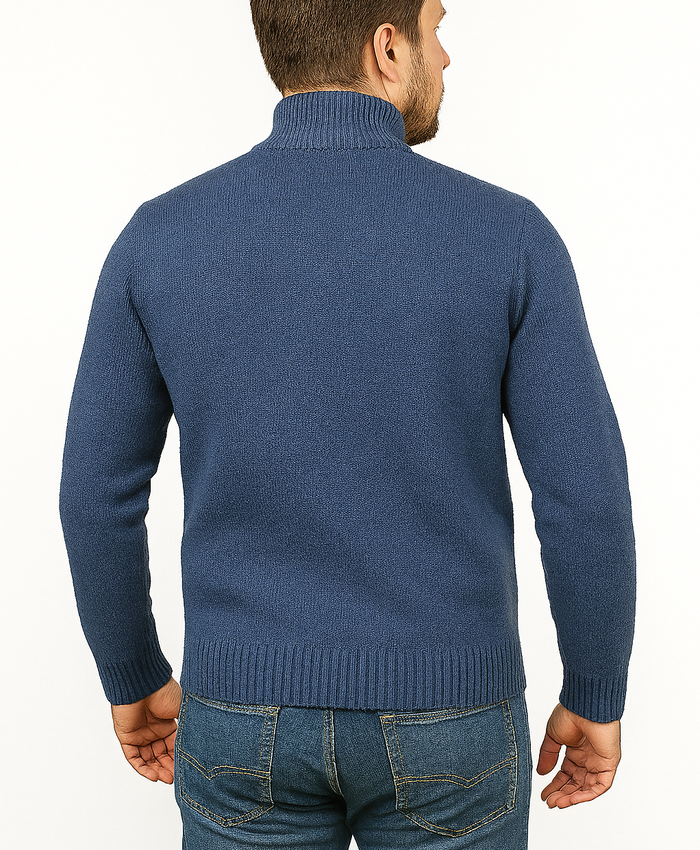 100% SHETLAND RAGG WOOL Half Zip Up Knit JUMPER Pullover Mens Sweater Knitted in Sky - L