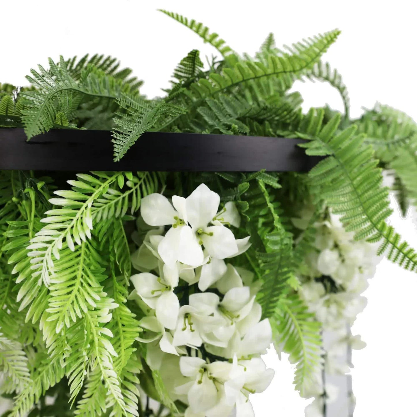 Black Framed Roof Hanging Disc With Draping Life-Like Wisteria Flowers UV Resistant 60cm