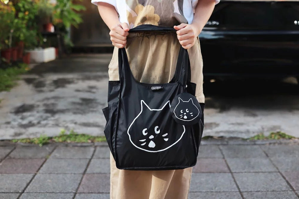 Black Foldable Waterproof Shopping Tote Bag Set - Large Capacity Lightweight Reusable Grocery Bag with Matching Pouch