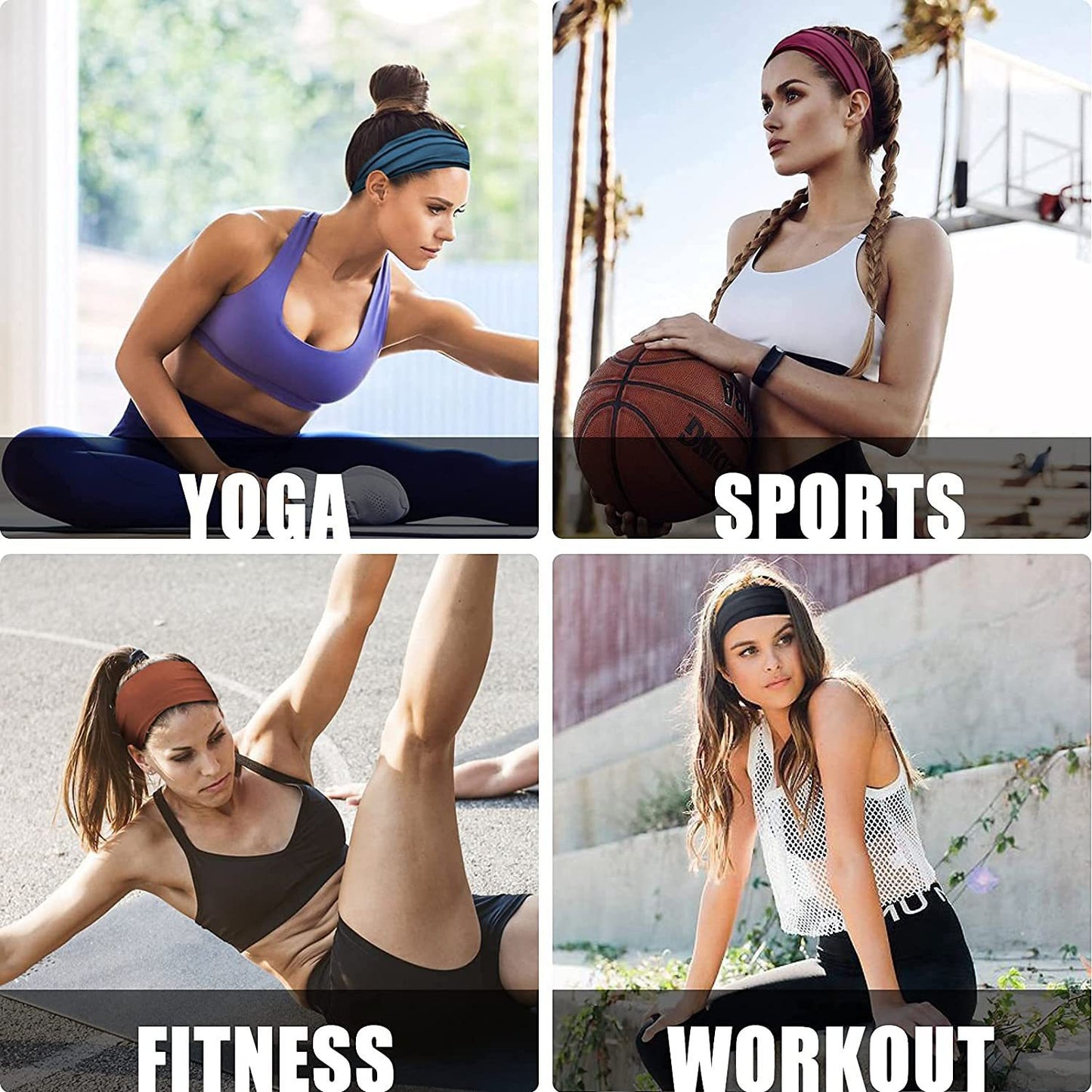 Dark Green 5-Pack Wide Sports Headbands for Women - Non-Slip Yoga Headwraps with Sweat-Wicking Fabric (88% Nylon+12% Spandex)