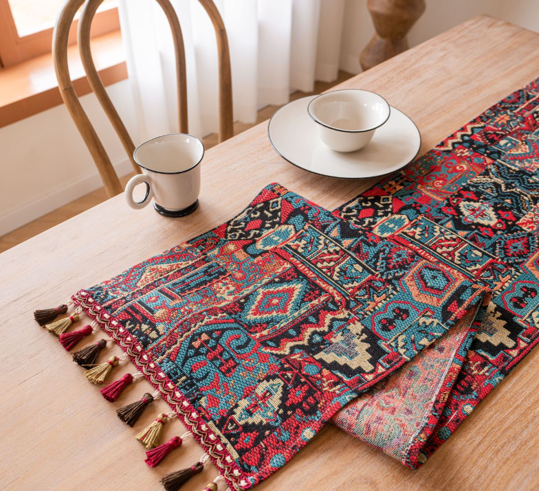 Jacquard Red Water Plant 33-180cm Elegant Geometric Jacquard Table Runner with Tassels - Modern Dining & Coffee Table Decor