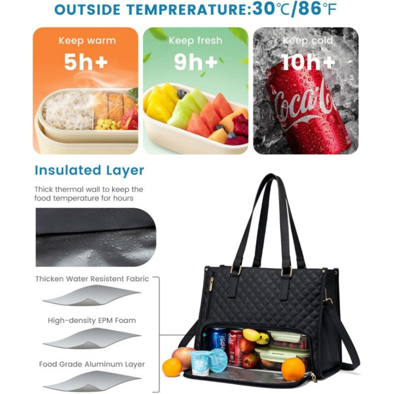 Stylish Quilted Laptop & Lunch Tote Bag , Water-Resistant with Insulated Compartment & Clutch(black)