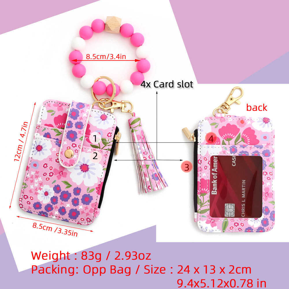 Floral Slim Card Holder Wallet with Beaded Keychain Bracelet & Tassel - 4 Card Slots, ID Window(Khaki)