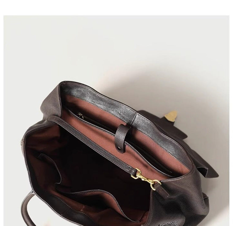 Size L Coffee Elegant Women's Leather Briefcase Tote - Vintage Style Large Capacity Commuter Handbag - Premium Cowhide Leather