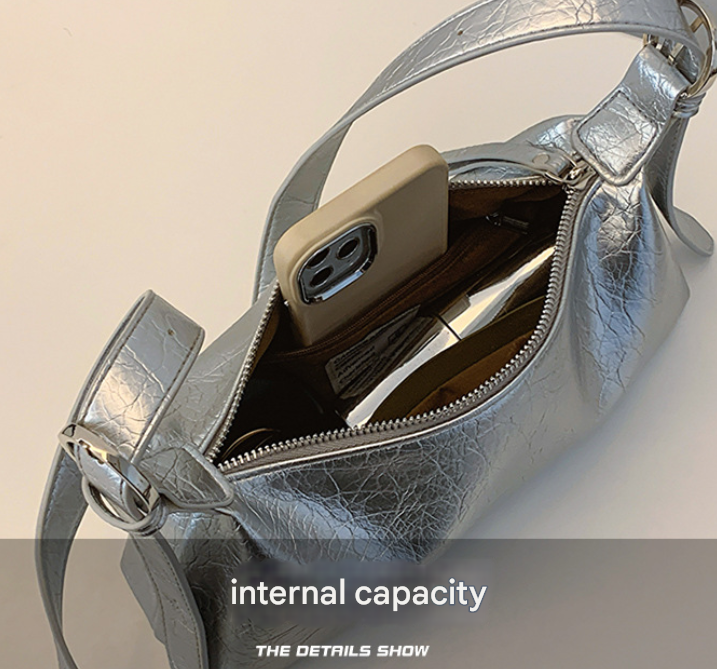 Beige Women's Metallic Silver Underarm Baguette Bag French Style PU Leather Shoulder Purse with Adjustable Crossbody Strap for Evening and Daily Use