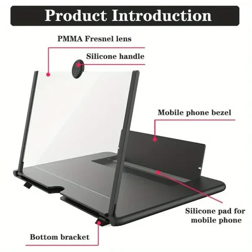 Black 12-Inch Ultra-Clear Portable Retractable HD Mobile Phone Screen Magnifier - Eye Protection Fresnel Lens Projector, with Built-in Phone Holder & Adjustable Base