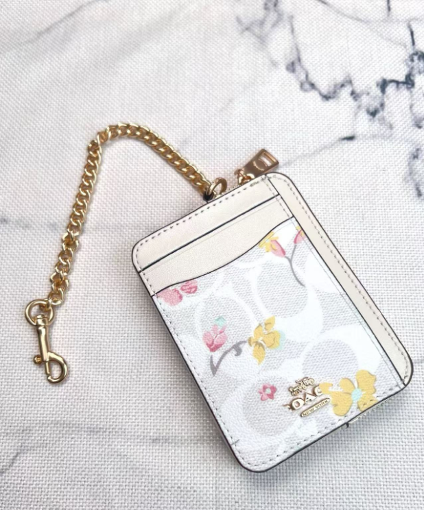 2 Pack Women's Mini Zip Card Holder & Coin Purse with Keychain - Signature Brown with Pink Trim & White Floral Print - Compact ID Wallet for Daily Use