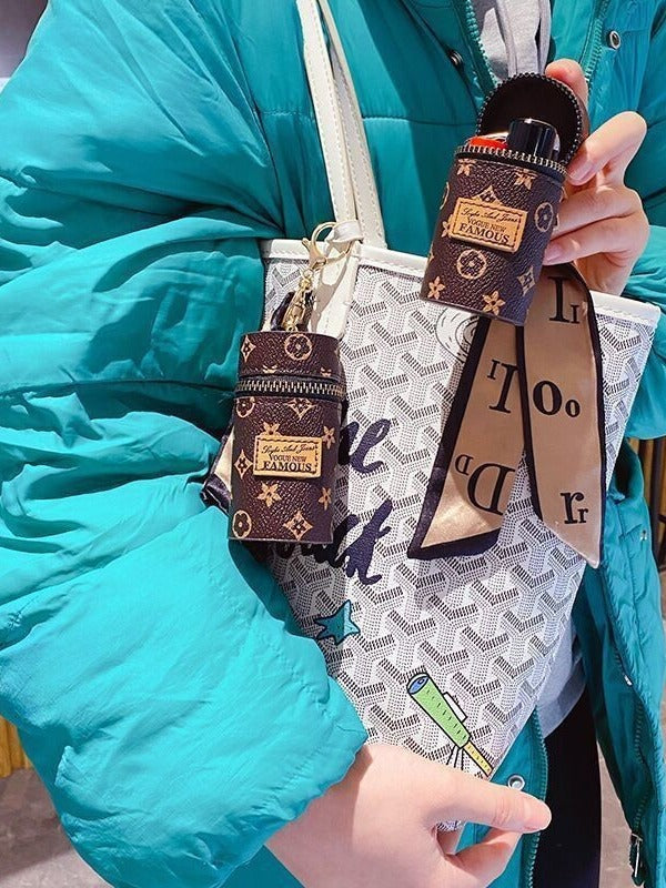 Women's Mini Cylinder Lipstick Case Keychain White Geometric Triangle Pattern Coin Purse with Silk Scarf Bag Charm for Earphones Keys
