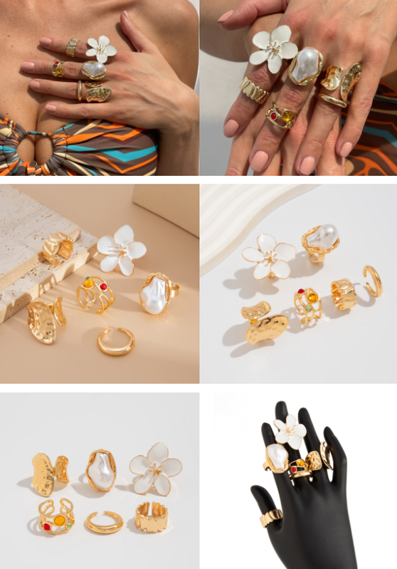 6-Piece Gold Chunky Stackable Ring Set White Enamel Flower & Baroque Pearl - Adjustable Open Finger Jewellery for Women (Light Gold)