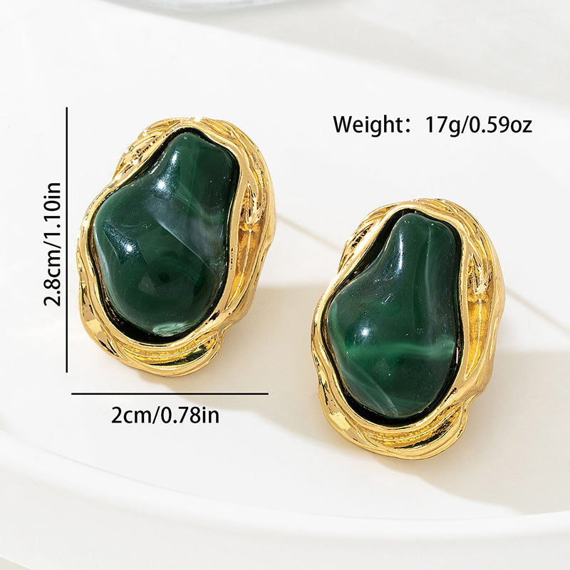 A Pair of Vintage Baroque Statement Earrings - Chunky Gold Tone Irregular Studs with Red Faux Stone - Stainless Steel Pin Fashion Jewellery for Women