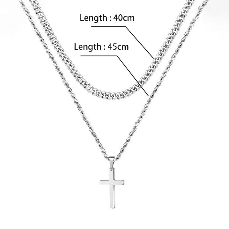 Double Layer Gold Tone Cross Pendant Necklace Set Cuban Link & Rope Chain 40-45cm Layered Fashion Jewellery