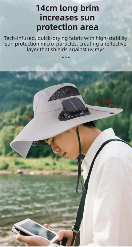 Black Dual Turbo Fan Sun Hat with Square Solar Panel & TypeC Interface - Waterproof 14cm Wide-Brim Cooling Hat for Outdoor Fishing Hiking Camping