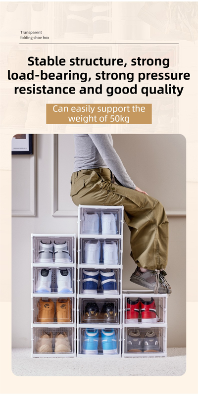 White 3-Layer Foldable Shoe Storage Tower with Transparent Display Panel & Back Ventilation - One-Pull Instant Setup Stackable Box (25.5x34.5x52.5CM)
