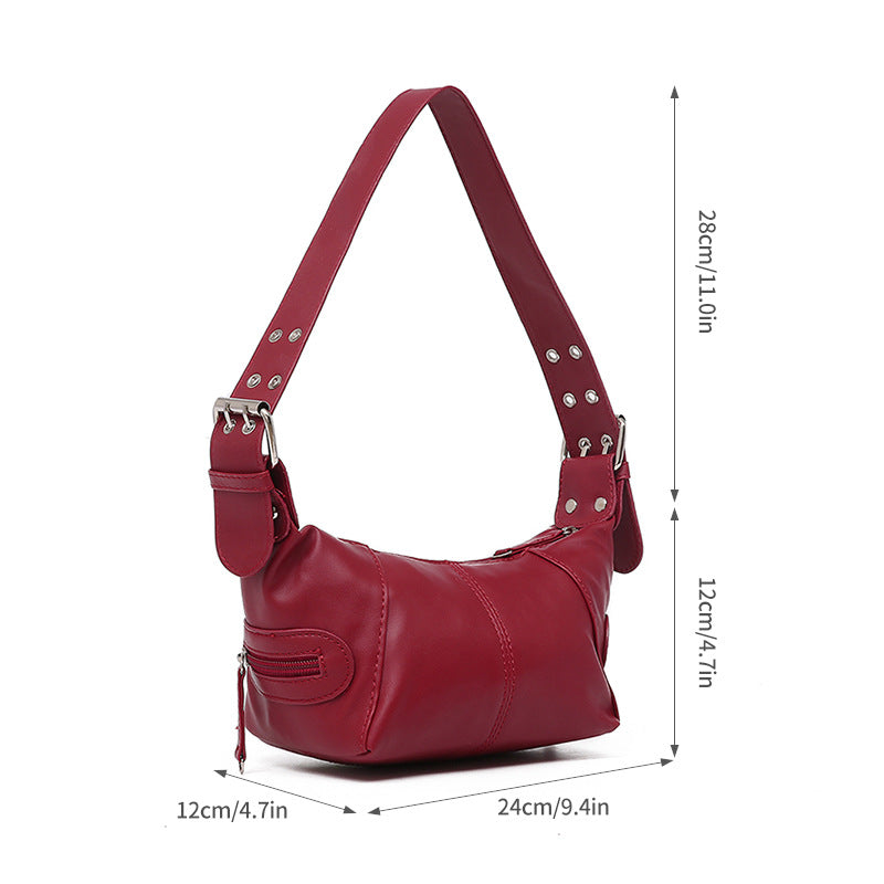 Red PU Leather Zippered Shoulder Bag – Retro European Style Crossbody and Handheld Bag