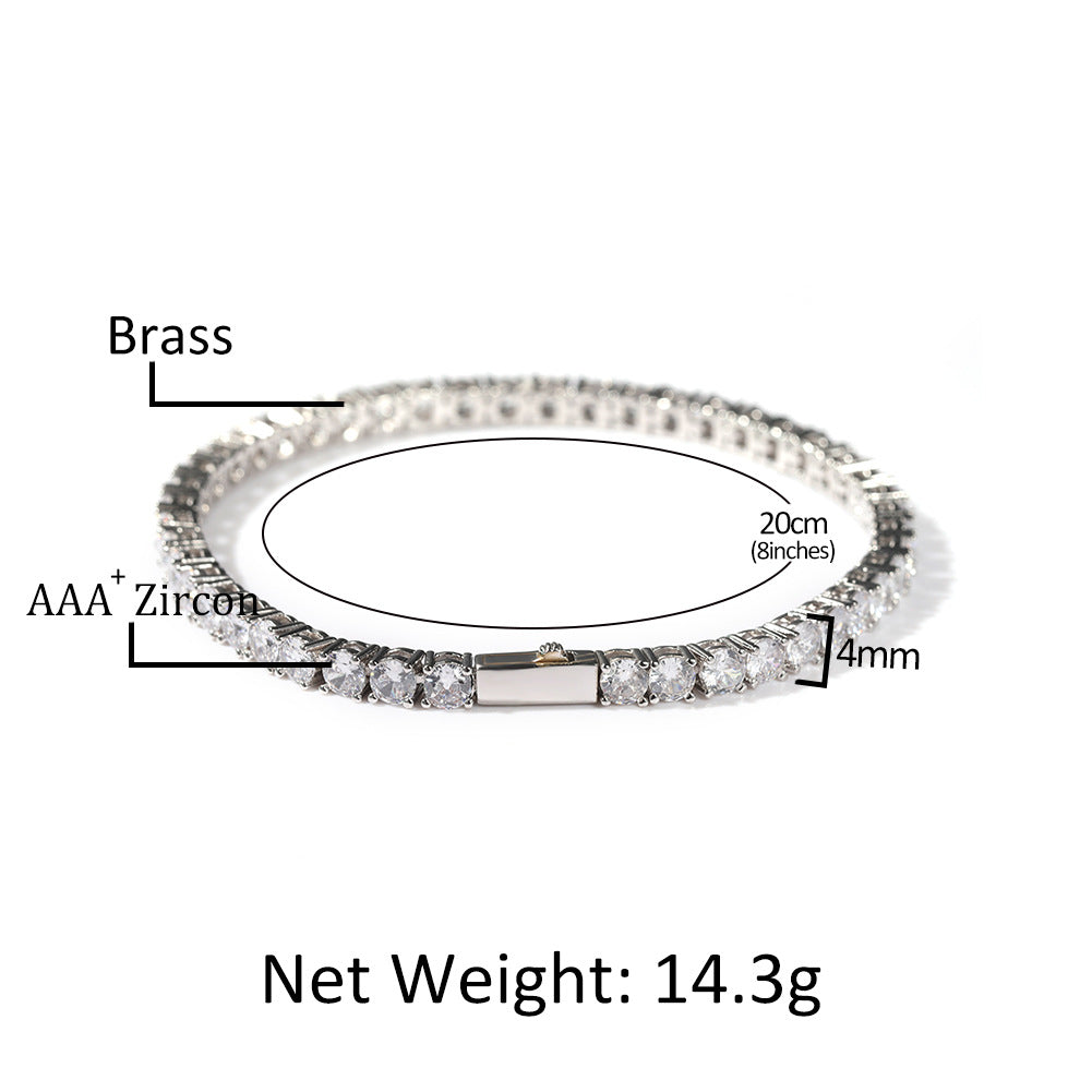 Silver Single-Row Zircon Bracelet – 4mm Wide, Brass Base with Secure Clasp, AAA+ Stones for Everyday Wear