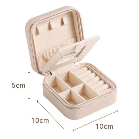 White Mini Travel Jewelry Box with Mirror - 10x10x5cm Portable PU Leather Organizer for Rings, Earrings, Necklaces, Anti-Tarnish Velvet Interior, Compact Design for On-the-Go Storage
