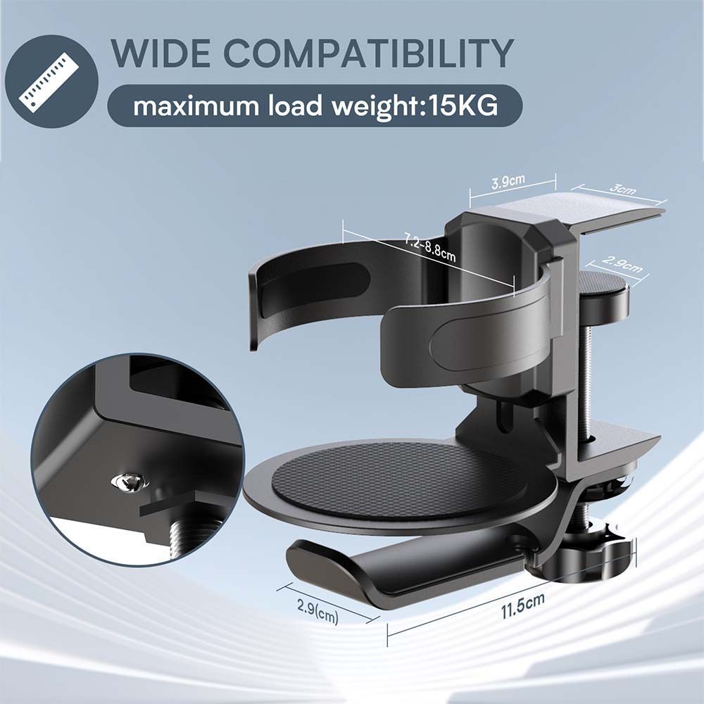 Black 2-in-1 Rotating Headphone and Cup Holder - No-Drill Aluminum Alloy Desk Clamp Mount for Over-Ear Headsets and Beverages - Space-Saving Organizer for Home Office and Gaming Setup
