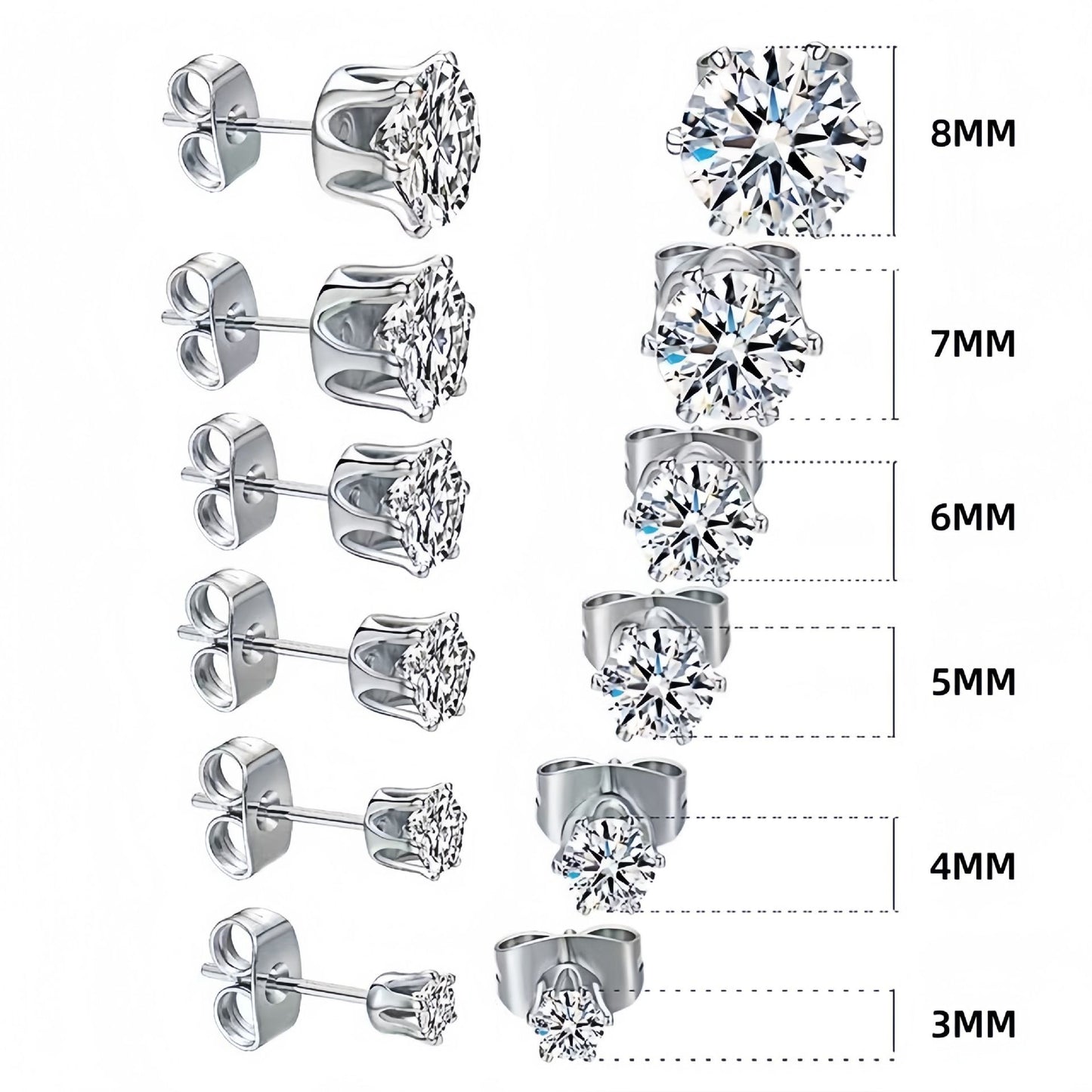 6-Pair Black Stainless Steel Stud Earring Set - Classic 6-Prong Crown Setting with Sparkling Round Cubic Zirconia in Multiple Sizes - Durable Skin-Friendly Jewelry for Daily Wear and Stacking